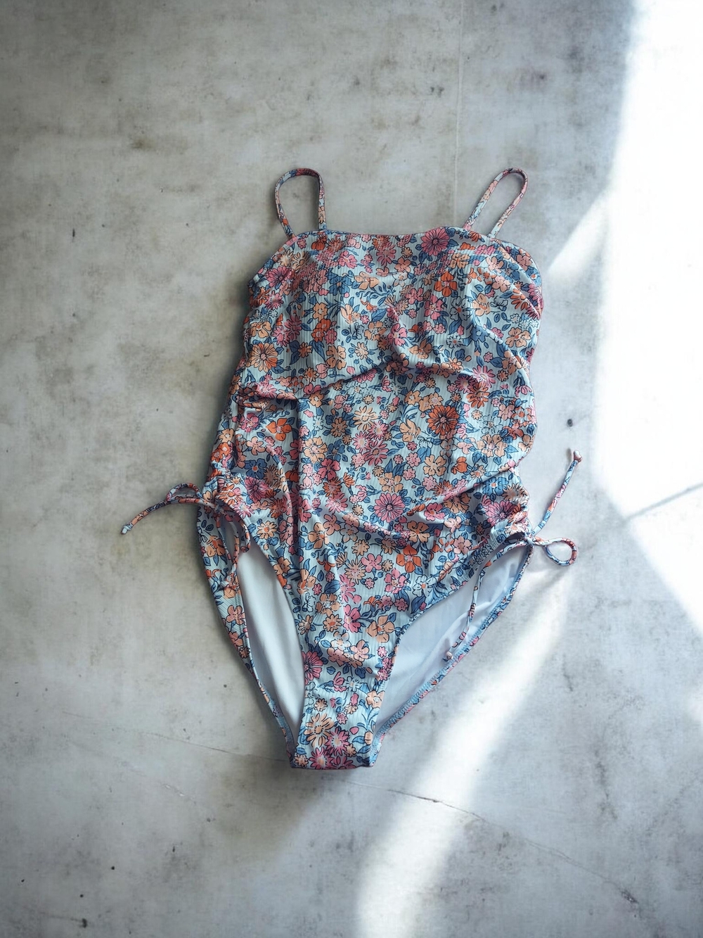 Floral One-Piece Swimsuit - Blue/Pink Side Tie Back Cut Out Design